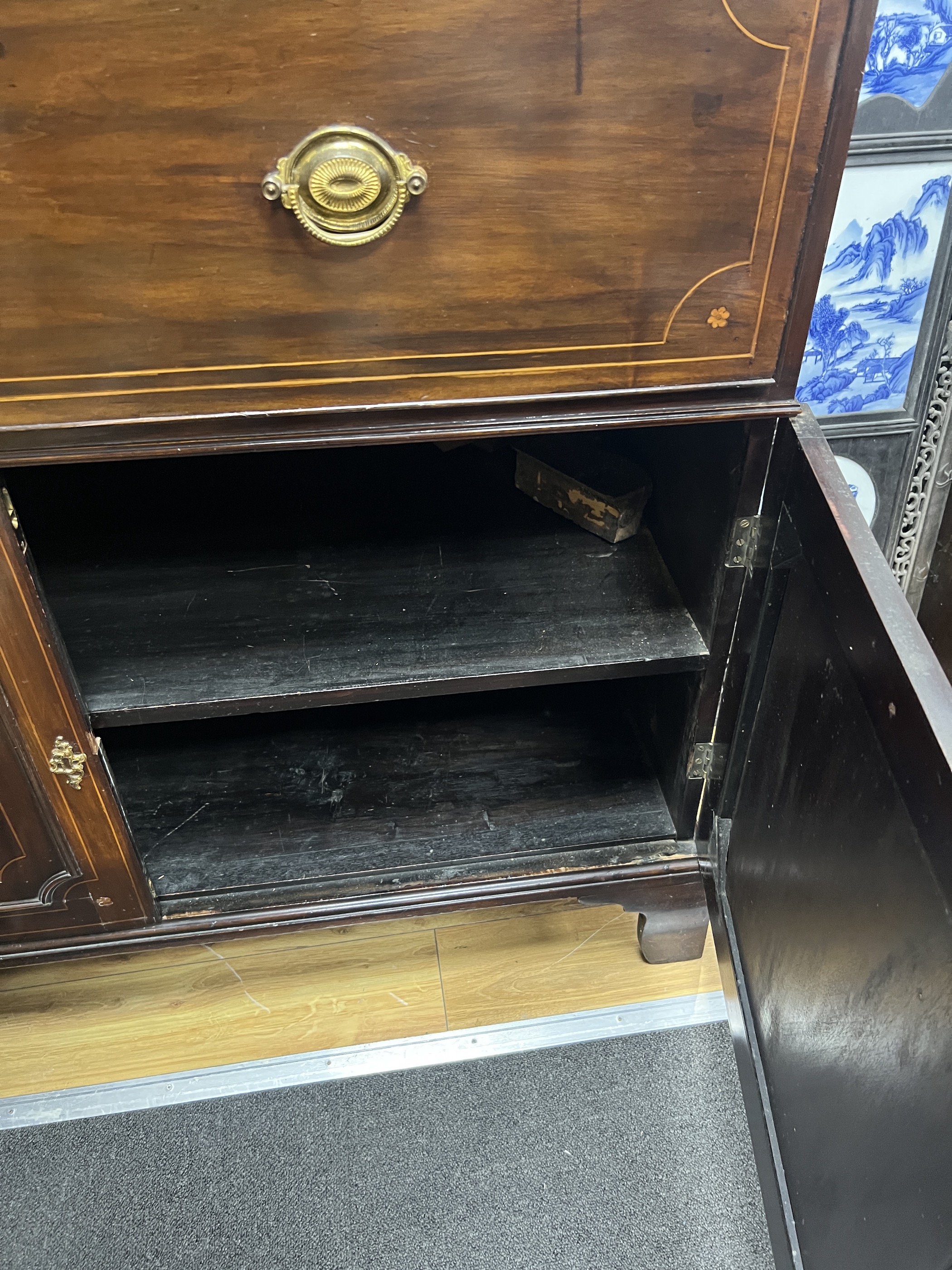 A George III inlaid mahogany secretaire bookcase, width 117cm, depth 54cm, height 228cm